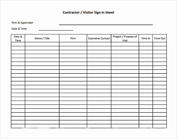 Contractor Sign In Sheet Template New 11 Sample Visitor Sign In Sheets