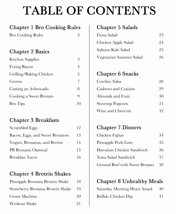 Cookbook Table Of Contents Template Awesome Cooking for Bros Cookbook Cooking for Bros