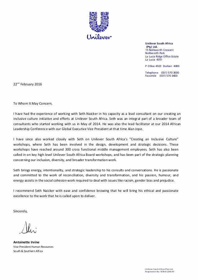 Copy Of A Reference Letter Lovely Letter Of Reference Seth Naicker Unilever 22feb2016 Copy
