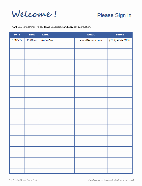 Copy Of Sign In Sheet Elegant Download the Sign In with Contact Info From Vertex42