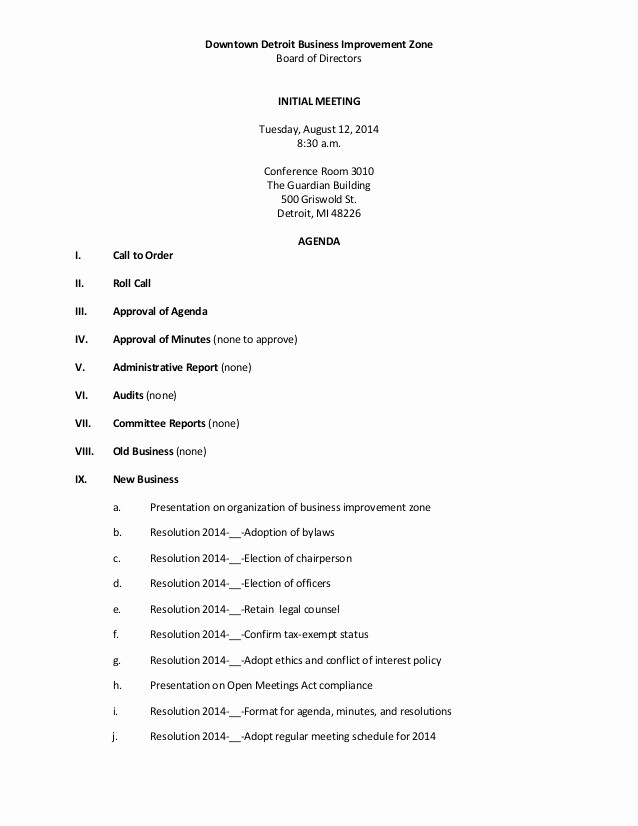 Corporate Board Meeting Minutes Template Beautiful Biz Board Of Directors Agenda August 12 2014