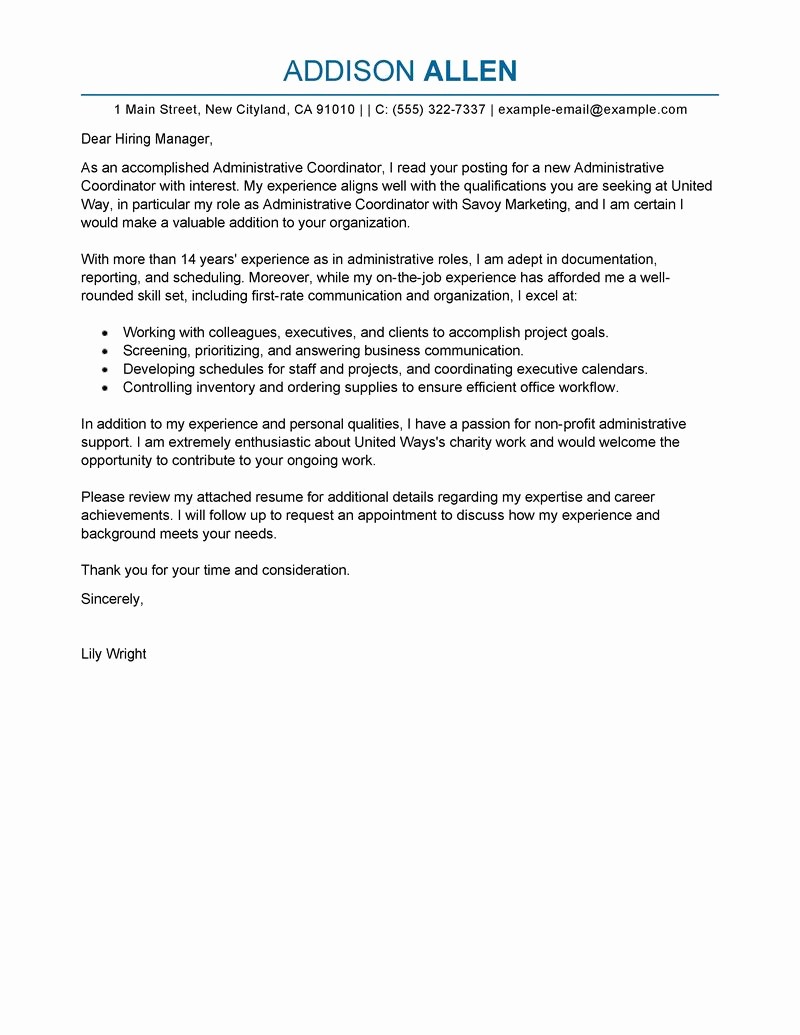 Cover Letter for Office Work Elegant Leading Professional Administrative Coordinator Cover