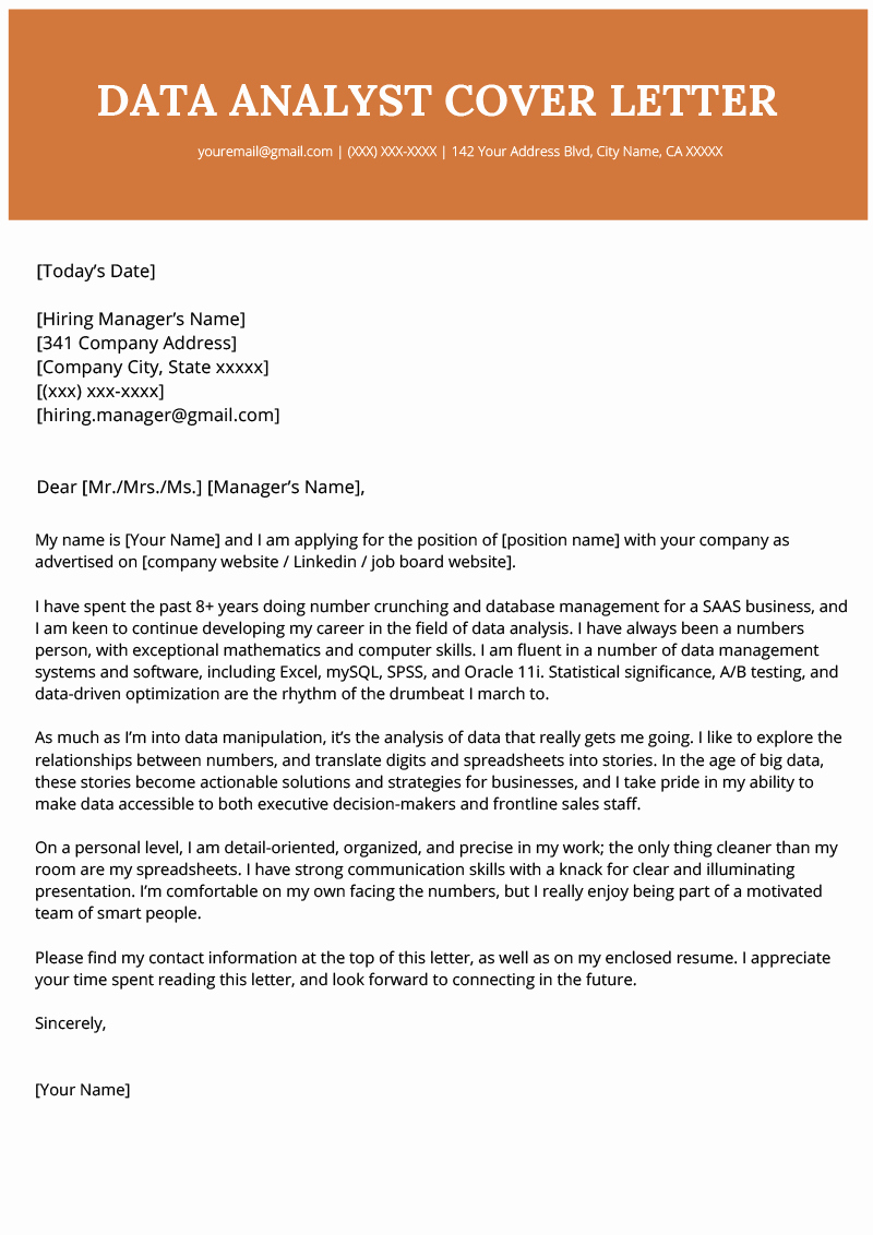 Cover Letter Of A Resume Lovely Data Analyst Cover Letter Example