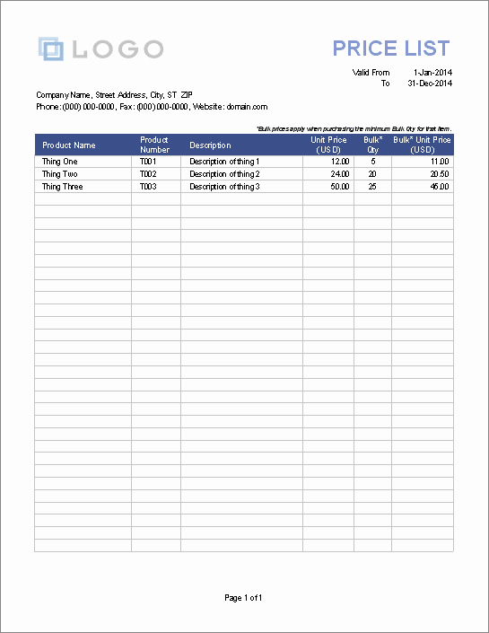 Create A Price List Template Beautiful Printable Price List Template for Excel
