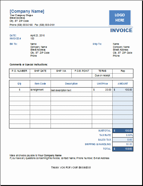 Create Invoice Template In Excel Luxury Ms Excel Consignment Invoice Template