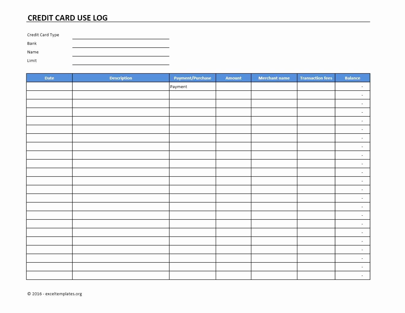 Credit Card Balance Sheet Template New Credit Card Use Log Template Excel Templates