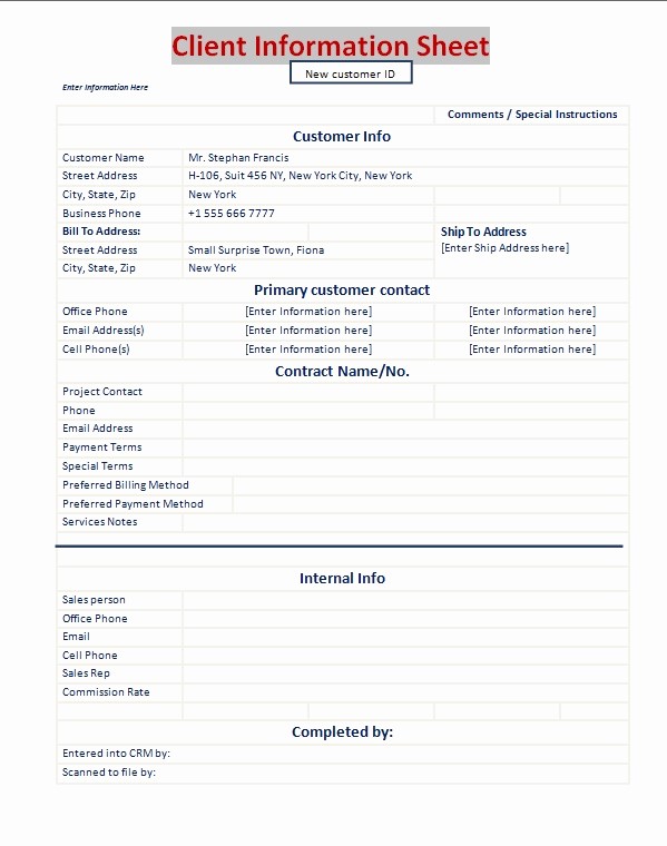 Customer Contact Information form Template New Client Information Sheet Template Excel Pdf formats