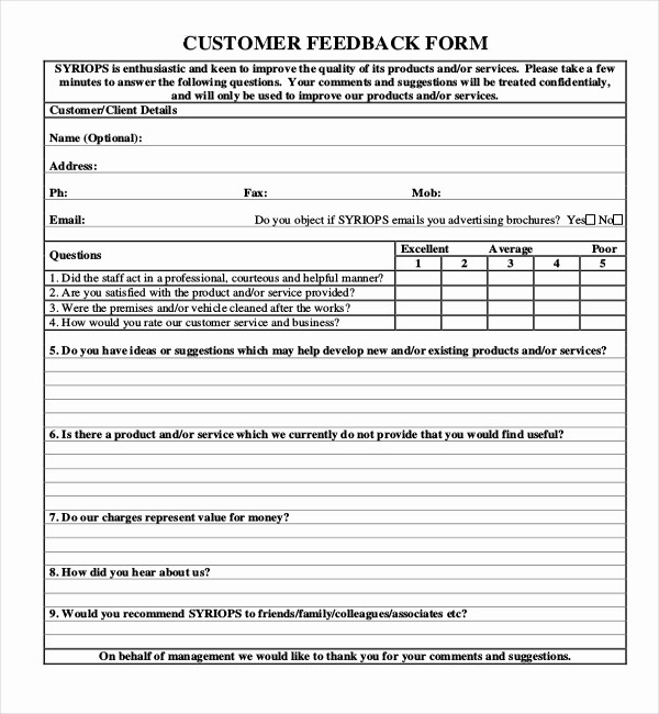 Customer Feedback form Template Word Elegant Sample Customer Feedback form 22 Free Documents In Pdf
