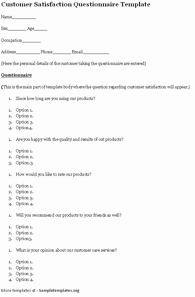 Customer Satisfaction Survey Template Word Awesome Questionnaire Template for Customer Satisfaction Example