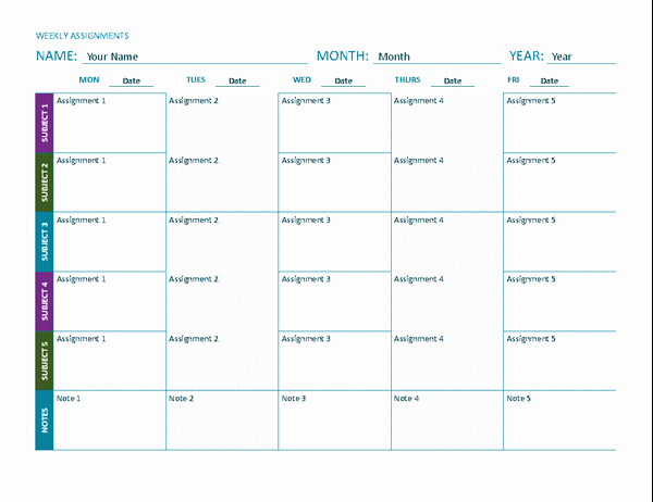Daily Homework assignment Sheet Template Lovely Weekly assignment Sheet Color Landscape