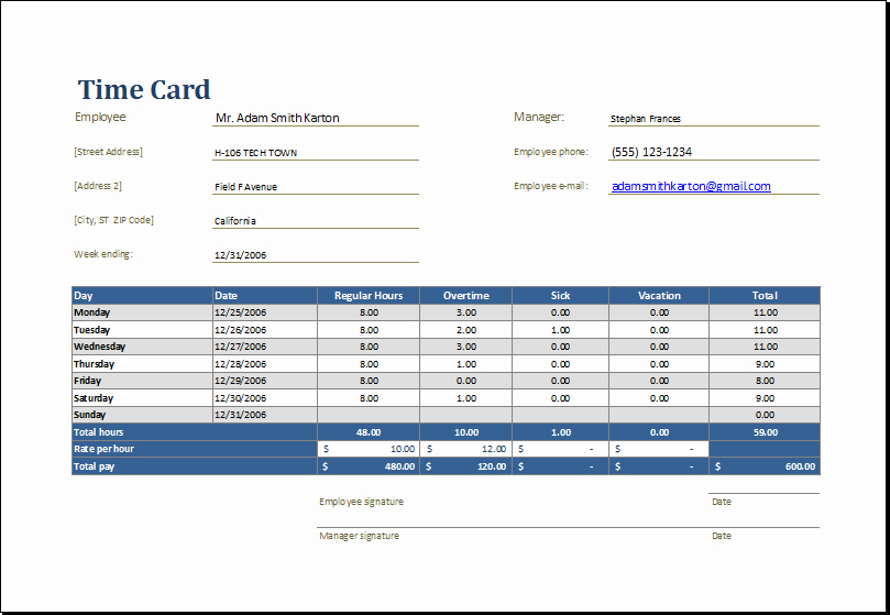 Daily Time Card Template Excel Elegant Ms Excel Employee Time Card Template
