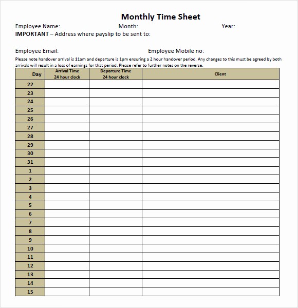 Daily Timesheet Template Free Printable Unique Monthly Timesheet Template 9 Free Samples Examples