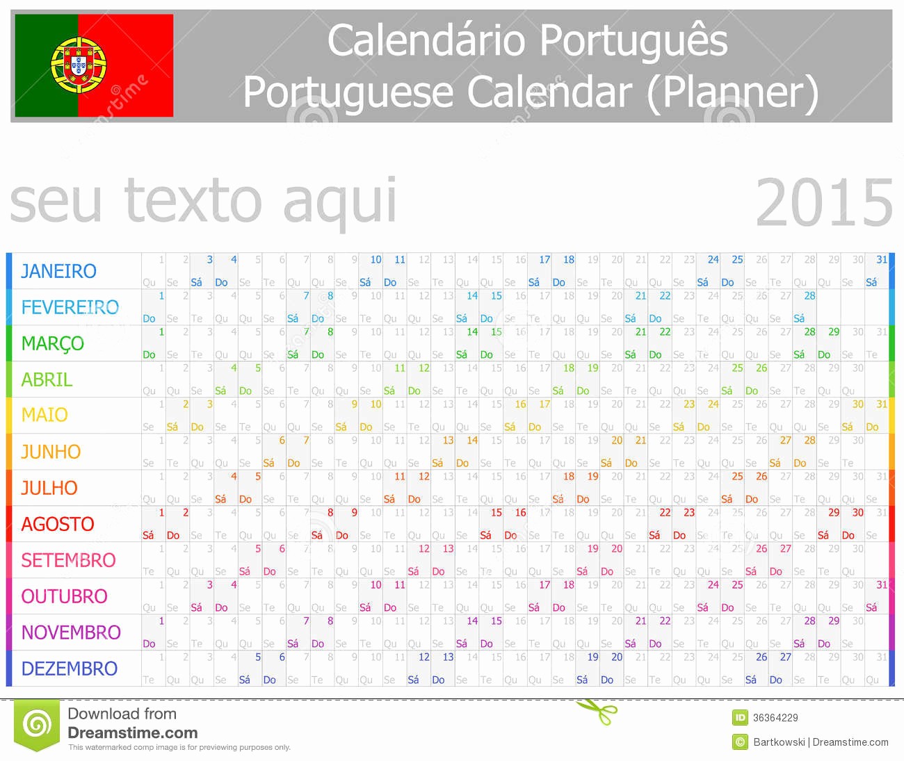 Days Of the Week Horizontal Elegant 2015 Portuguese Planner 2 Calendar with Horizontal Months
