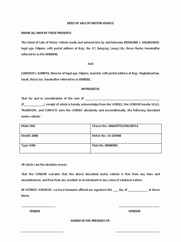 Deed Of Sale for Car Awesome Download Deed Of Conditional Sale Of Motor Vehicle