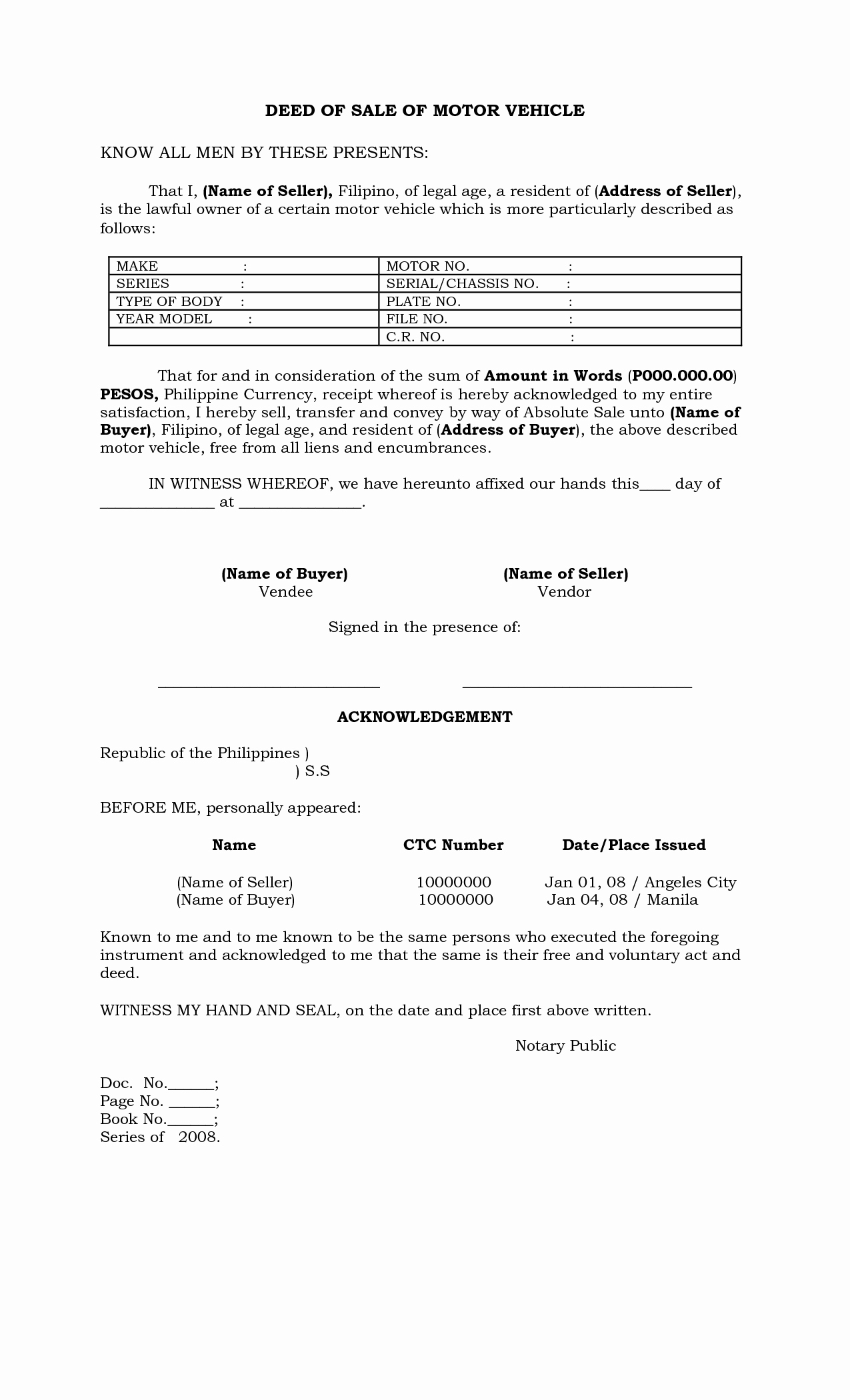 Deed Of Sale for Car Best Of Philippines Deed Of Sale Of Motor Vehicle by Batotoyako