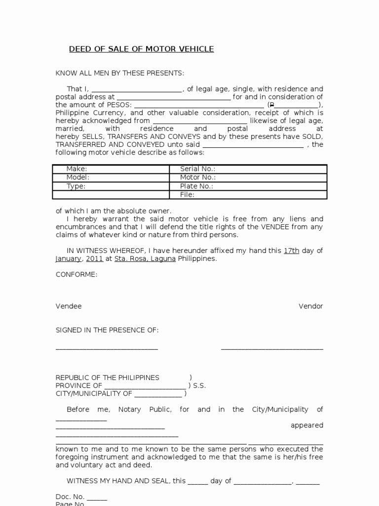 Deed Of Sale for Car Fresh Blank Deed Of Sale Of Motor Vehicle Template