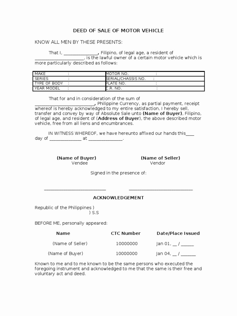Deed Of Sale for Car Fresh Download Deed Of Sale Of Motor Vehicle Template Doc