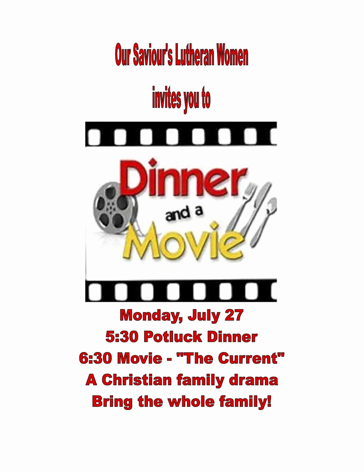 Dinner and A Movie Flyer Elegant Dinner and A Movie July 27 Our Saviours Lutheran Church