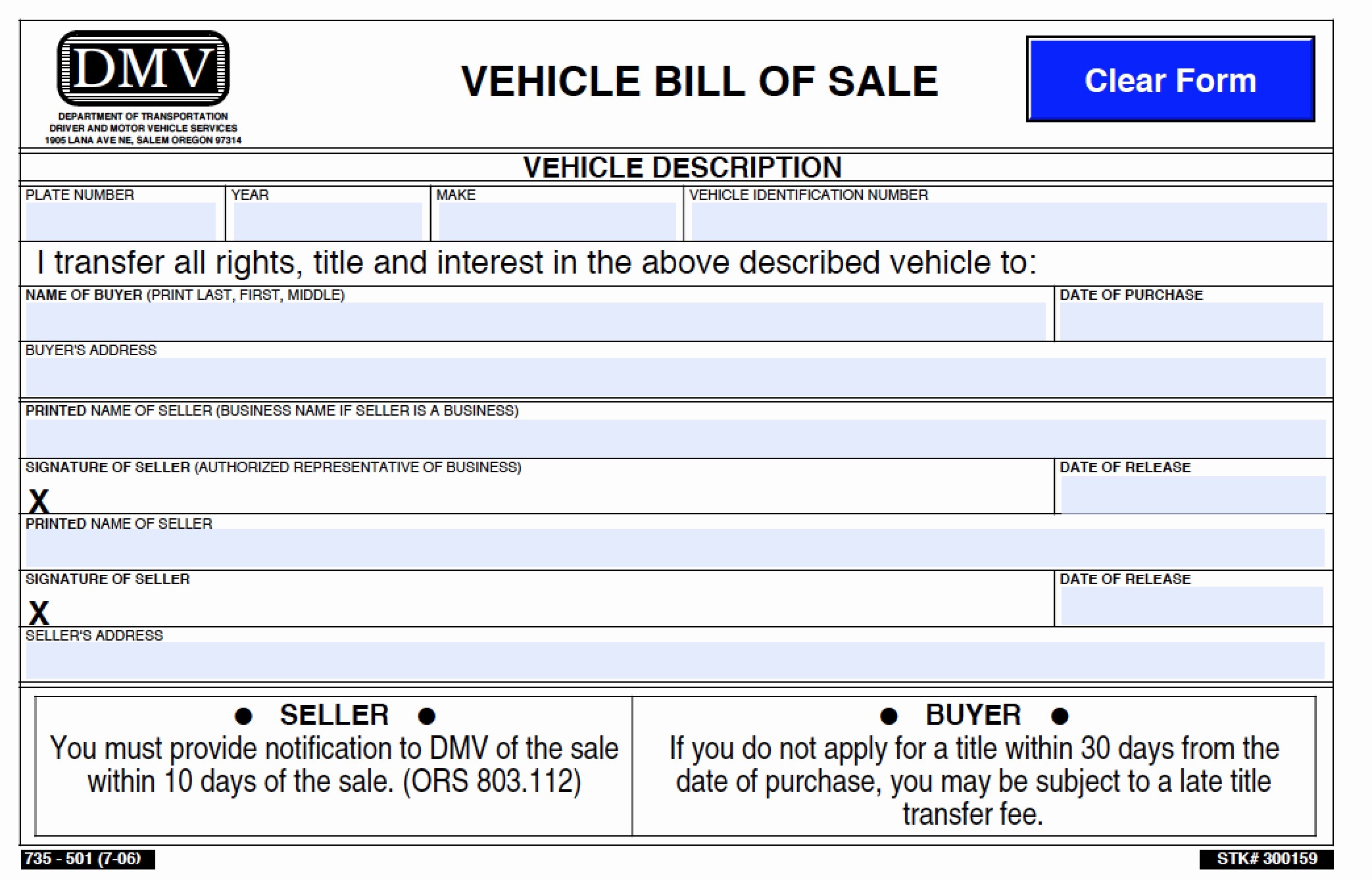 Dmv Bill Of Sell form Inspirational Free oregon Dmv Vehicle Bill Of Sale 501 form