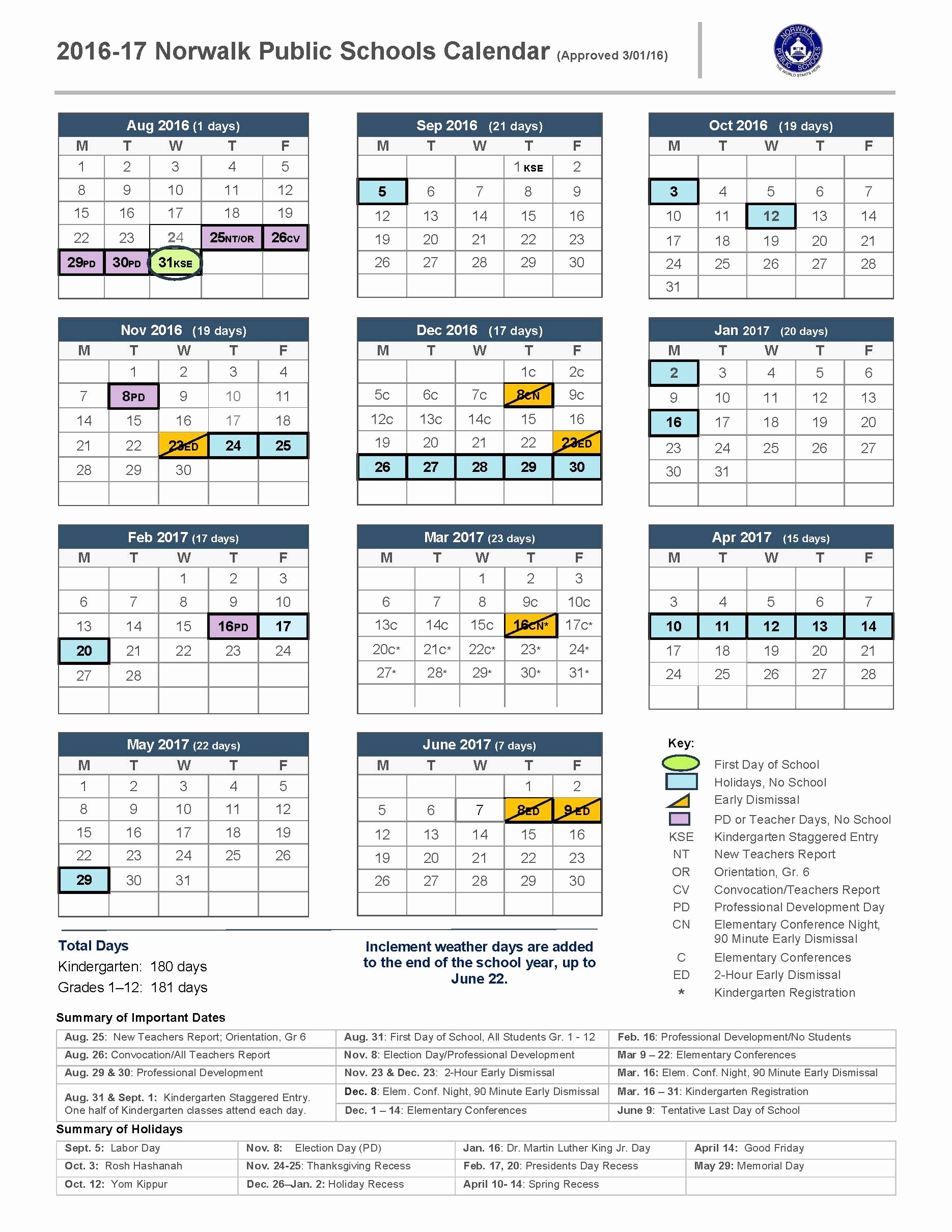Editable Calendar 2016-17 Beautiful 2016 17 School Calendar norwalk Public Schools