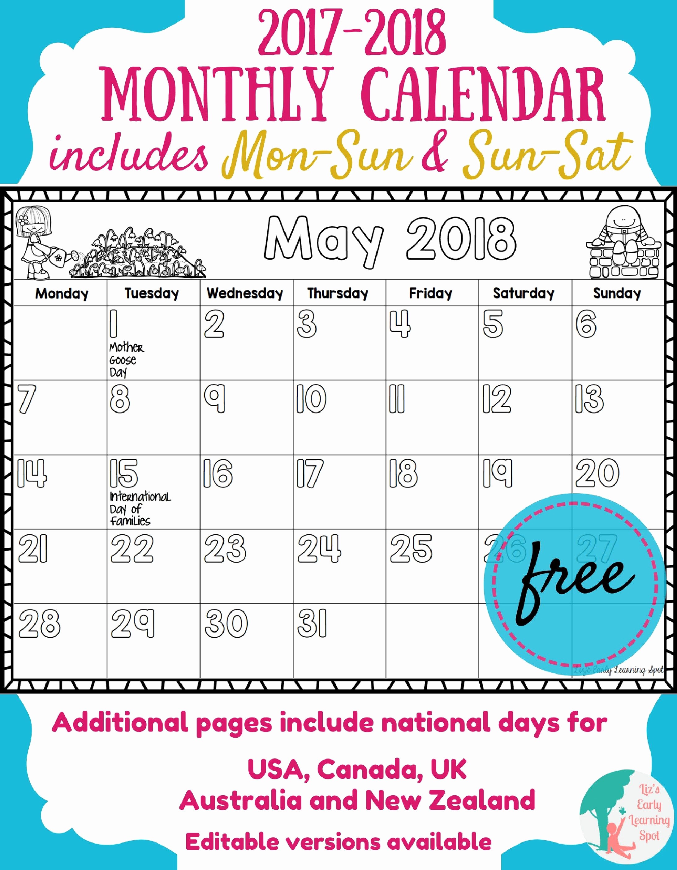 Editable Calendar 2016-17 Lovely Free 2017 2018 Monthly Calendar for Kids