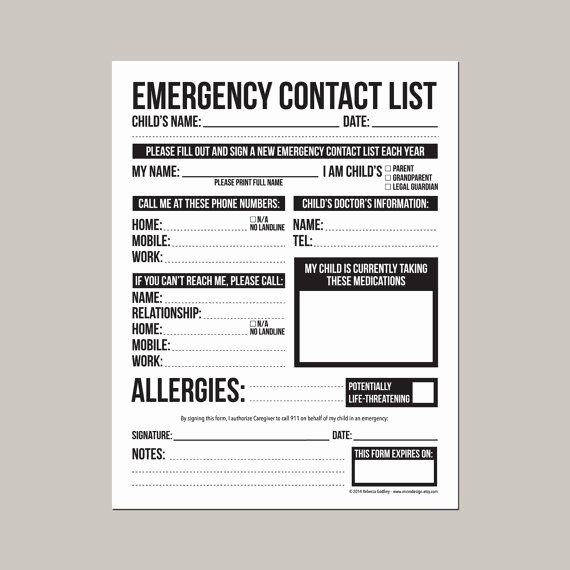 Emergency Contact form for Children Beautiful Emergency Contact form for Nanny Babysitter or Daycare