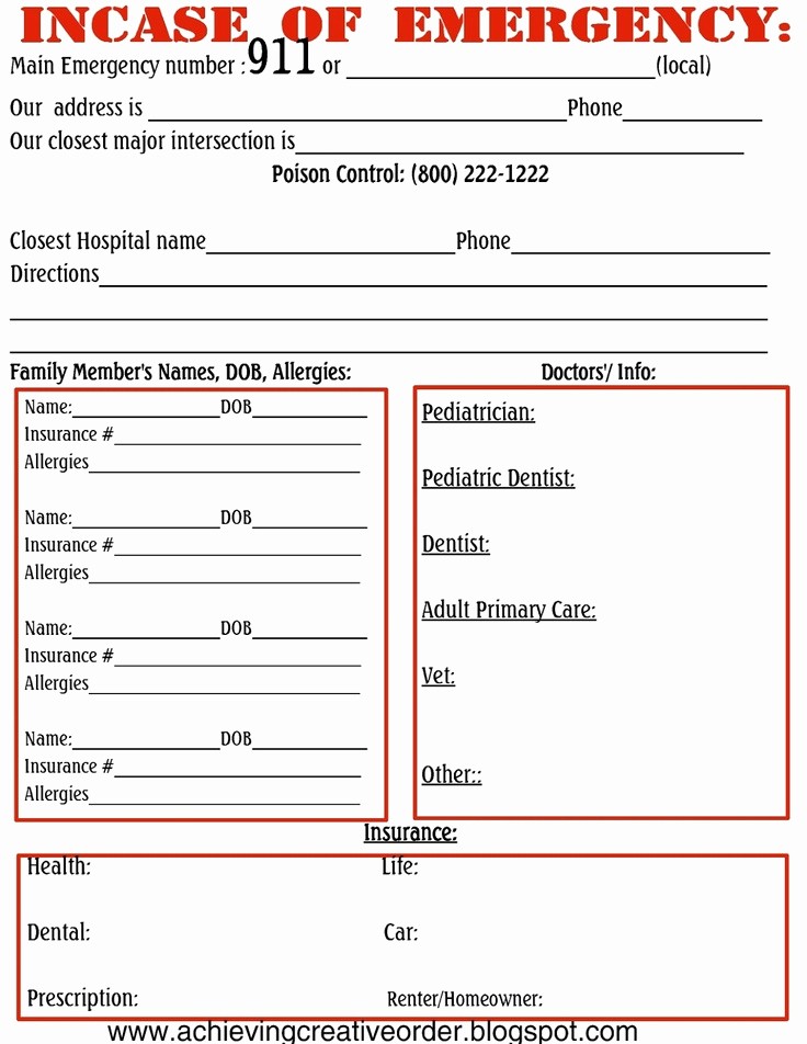 Emergency Contact form for Children Elegant Printable Emergency Binder forms