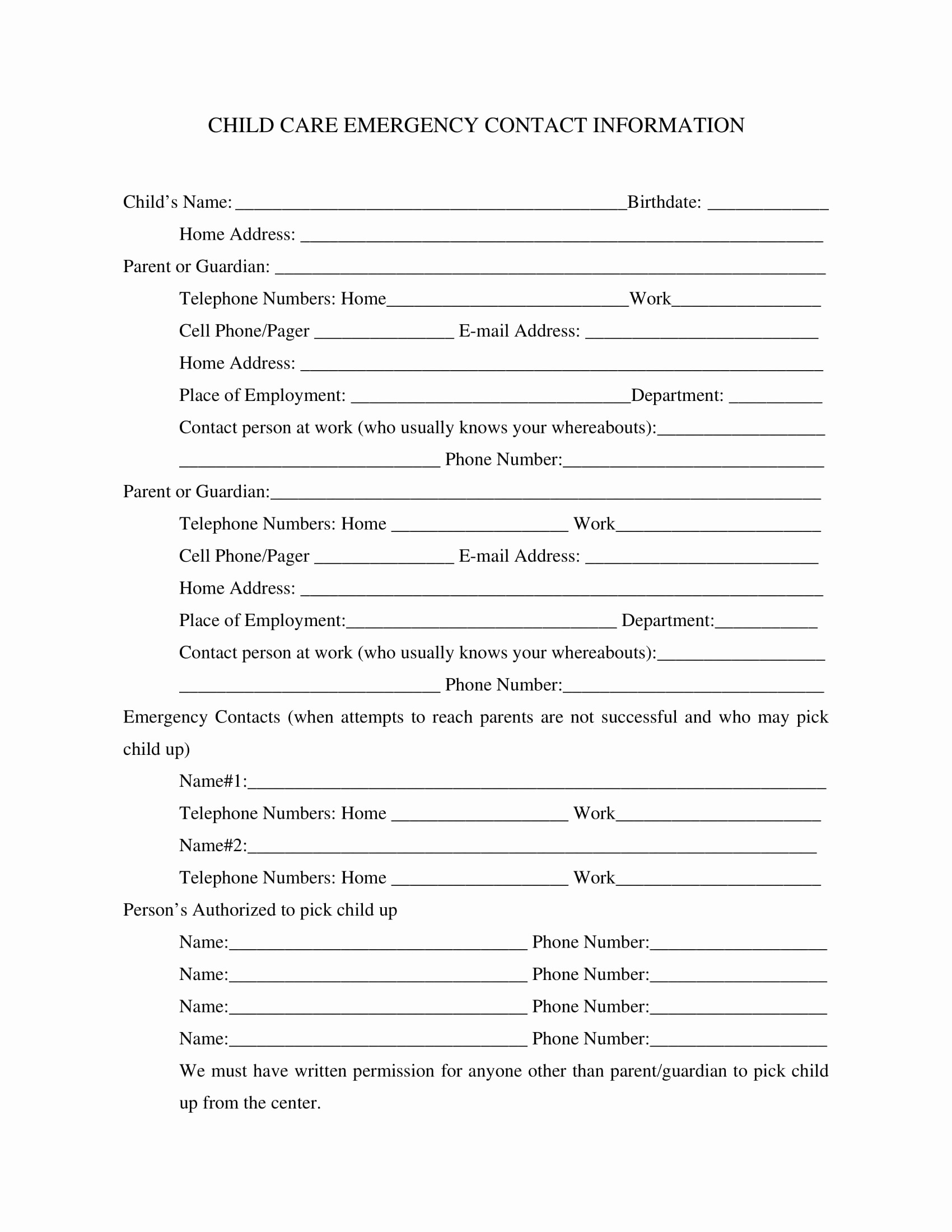 Emergency Contact form for Children New Children Emergency Contact form Seatle Davidjoel