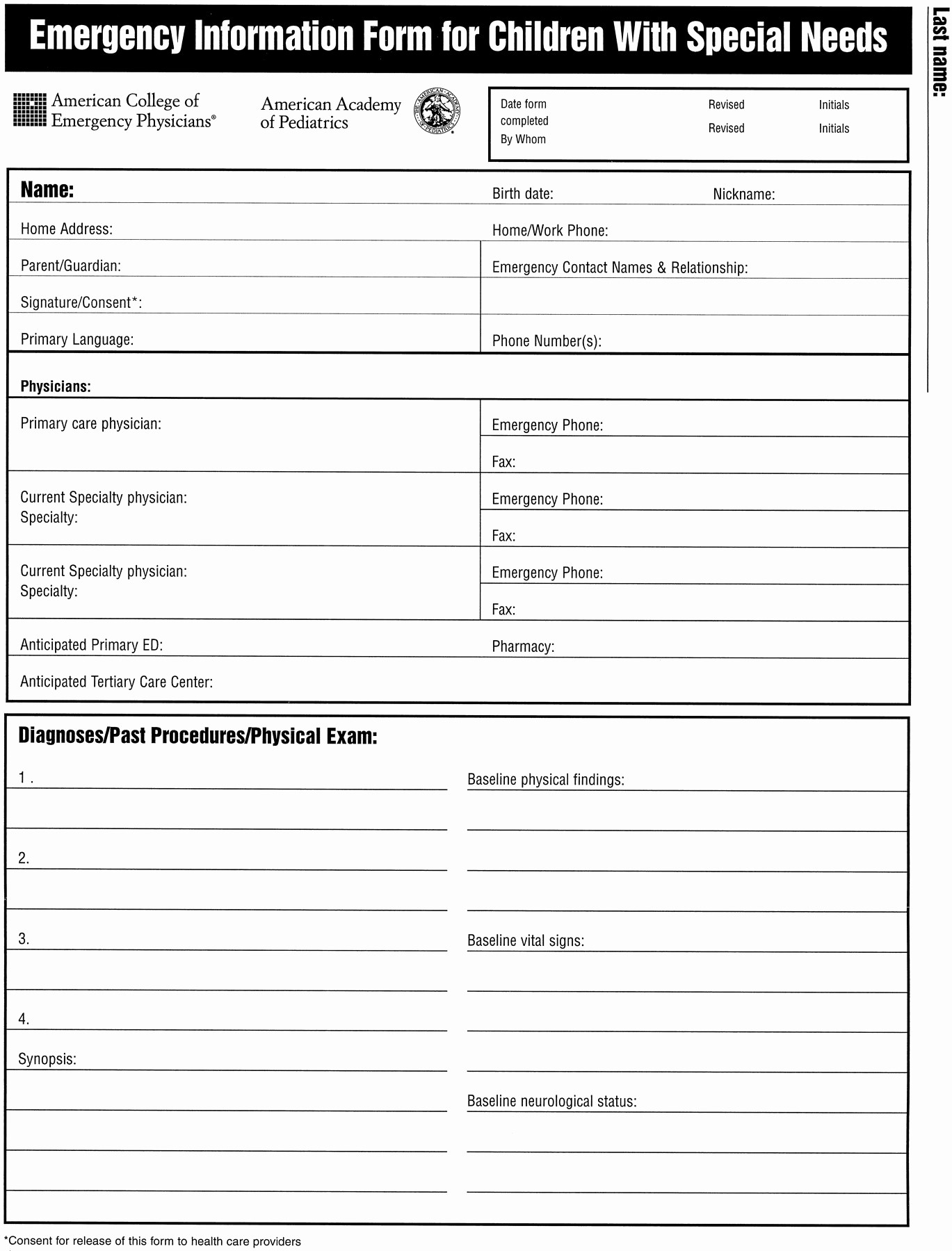 Emergency Contact form for Children New Emergency Preparedness for Children with Special Health