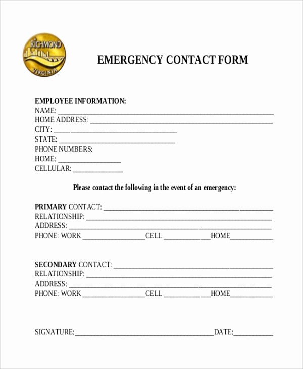 Emergency Contact form Template Free Awesome Sample Emergency Contact form 11 Free Documents In Word