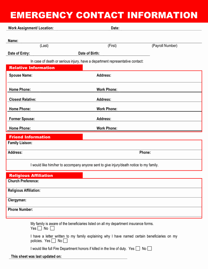 Emergency Contact form Template Free Fresh Employee Emergency Contact form Template