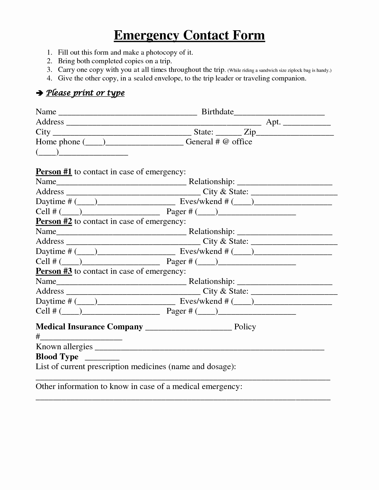 Emergency Contact form Template Free Luxury 7 Best Of Emergency Contact Printable form