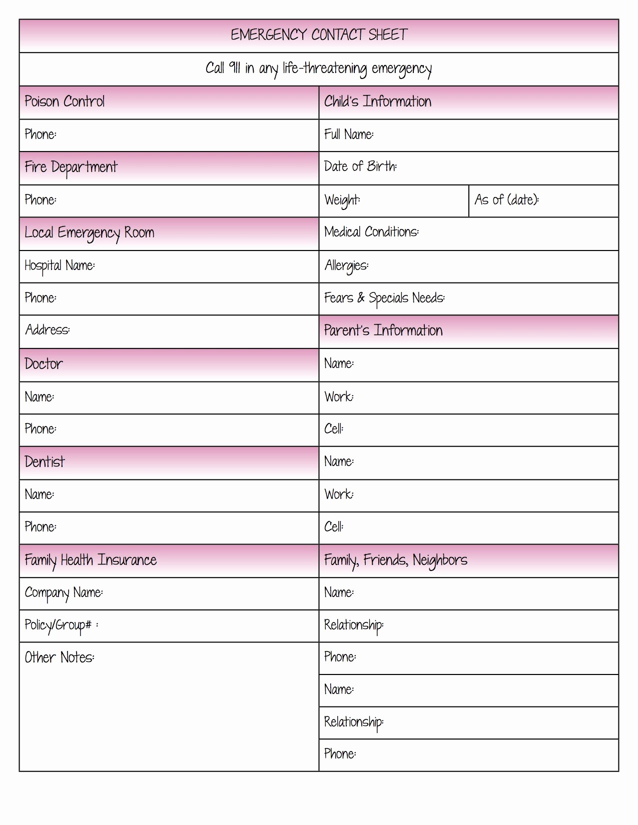 Emergency Contact forms for Children Beautiful Baby Kid Products