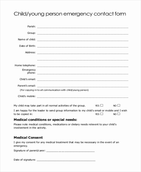 Emergency Contact forms for Children Lovely Sample Emergency Contact form 11 Free Documents In Word