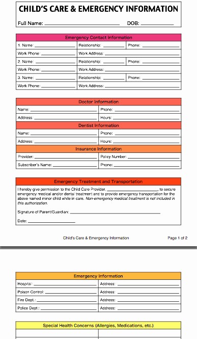 Emergency Contact forms for Children New Child S Care and Emergency Contact Information form for