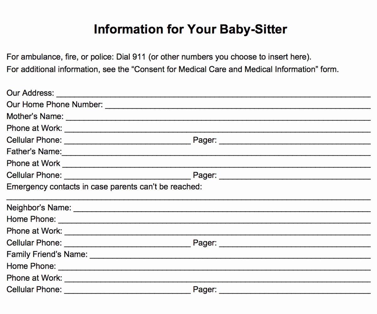 Emergency Contact List for Babysitter Inspirational Emergency Information form for Babysitters Printable