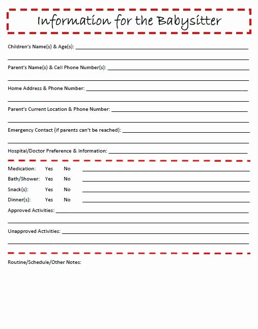 Emergency Contact Form For Nanny Babysitter Or Daycare 7 Best Images 