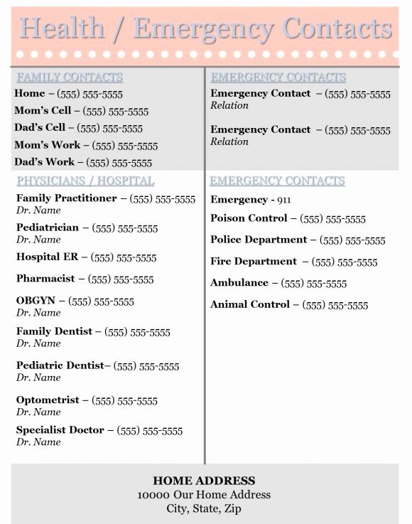 Emergency Contact List for Babysitters Unique 7 Best Images About Emergency Contact Printables On