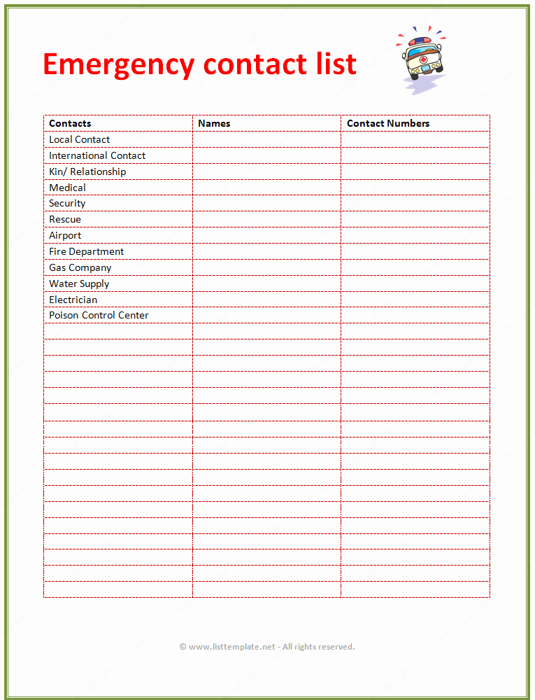 50 Emergency Contact List For Business Ufreeonline Template