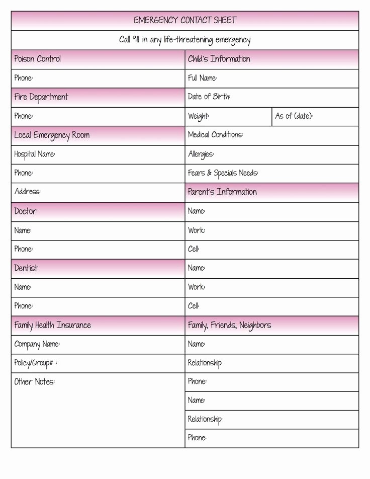 Emergency Contact List for Kids Luxury Emergency Contact form Baby Love Pinterest