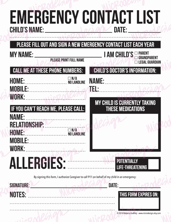 Emergency Contact List for Kids Luxury Emergency Contact form for Nanny Babysitter or Daycare