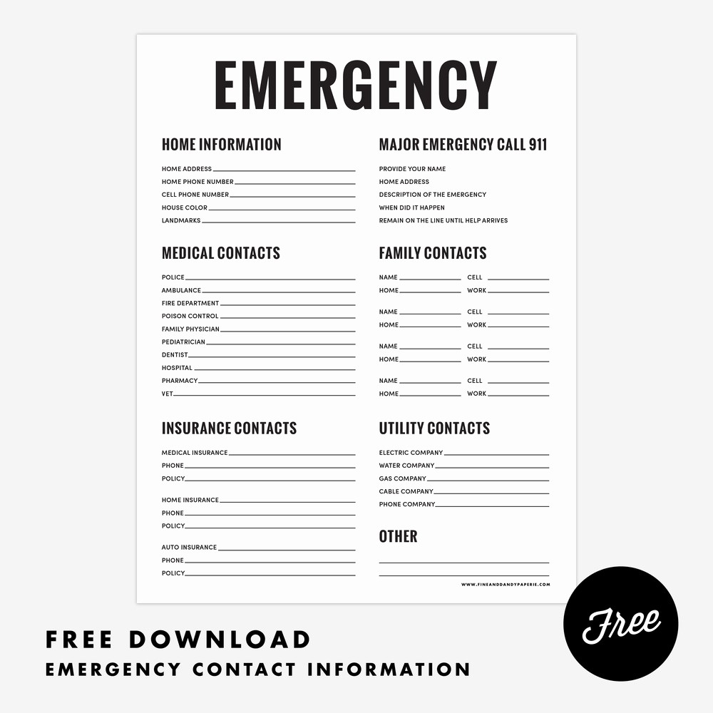 Printable Emergency Contact List For Kids