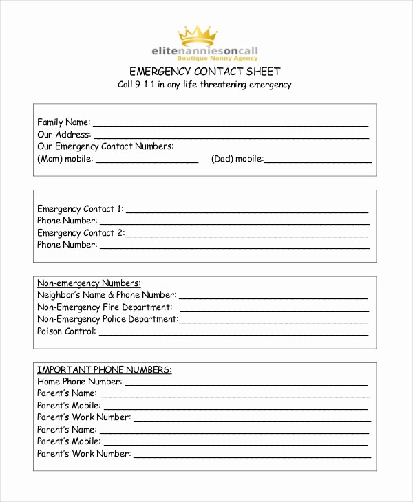 Emergency Contact List for Nanny Fresh Nanny Emergency Contact Sheet Template to Pin On