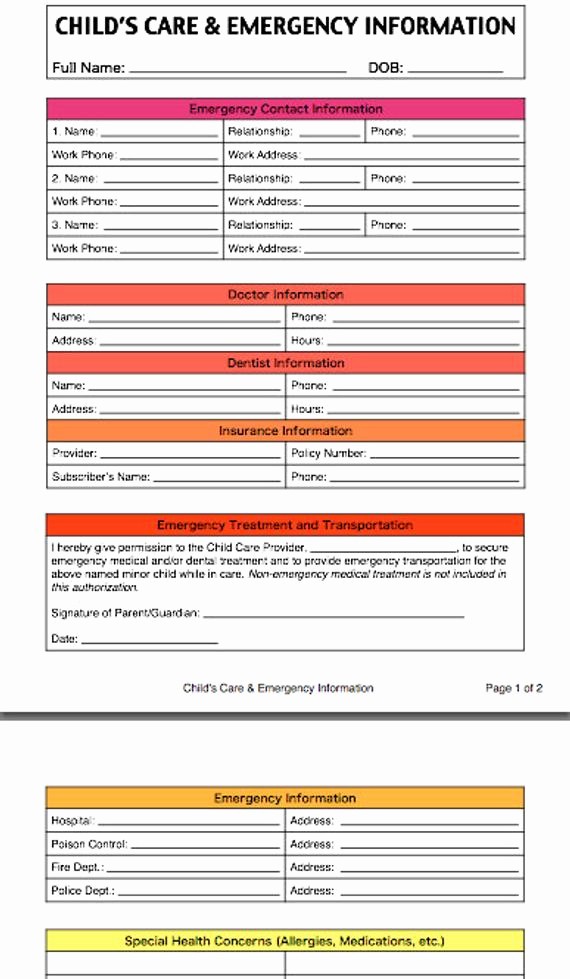 Emergency Contact List for Nanny New Child S Care and Emergency Contact Information form for