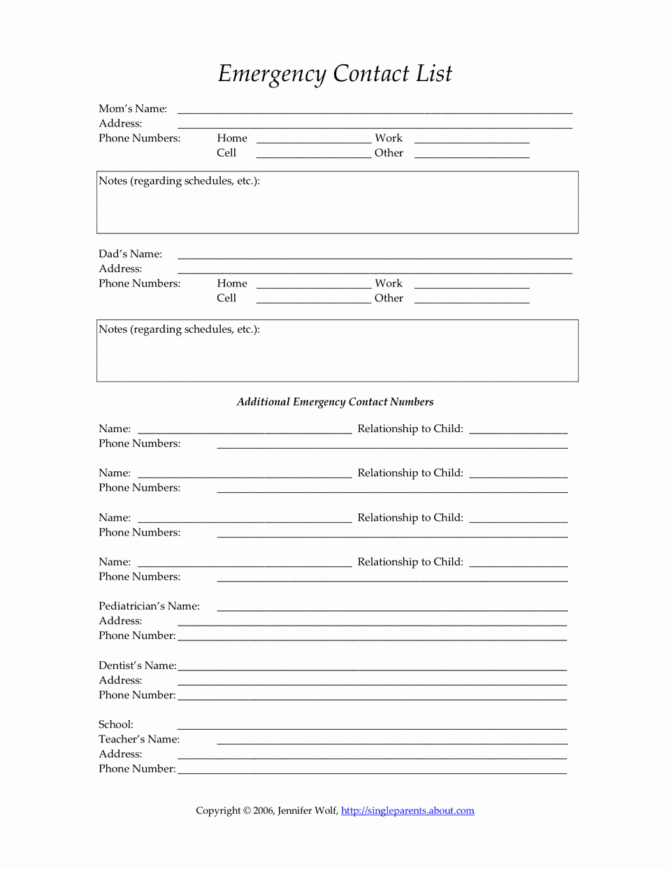 Emergency Contact List for Nanny New form Templates Child Care Emergency Contact form Child