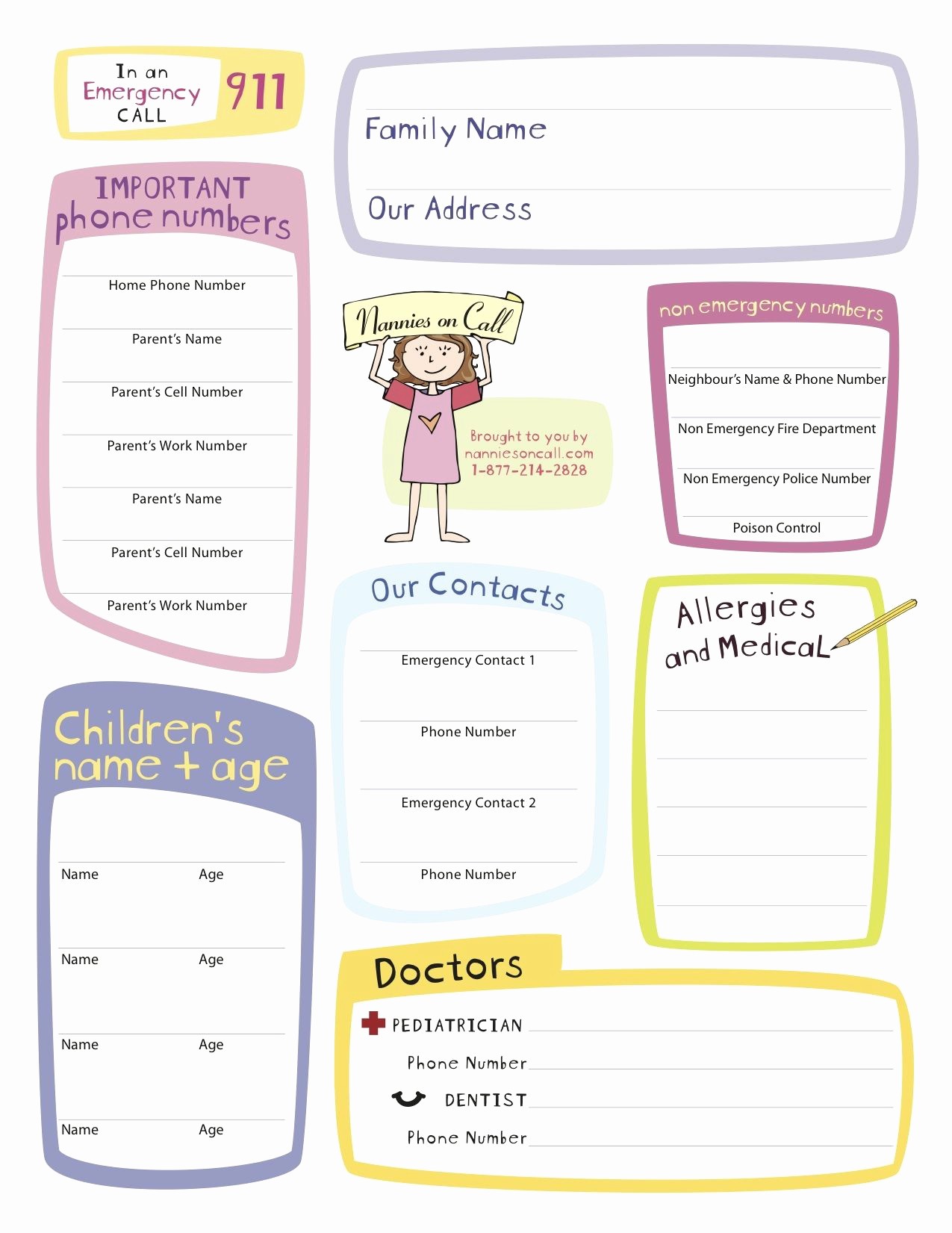 Emergency Contact List for Nanny Unique Nannies On Call Emergency form Nanny Notes