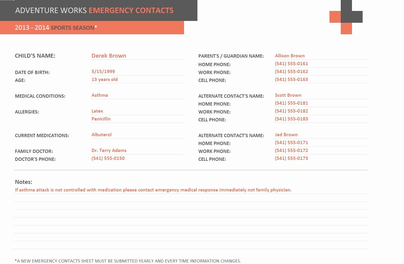 Emergency Contact List Template Excel Lovely Emergency Contact form Template