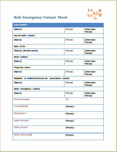 Emergency Contact List Template Excel Unique Kids Emergency Contact Sheet Editable Ms Word Template