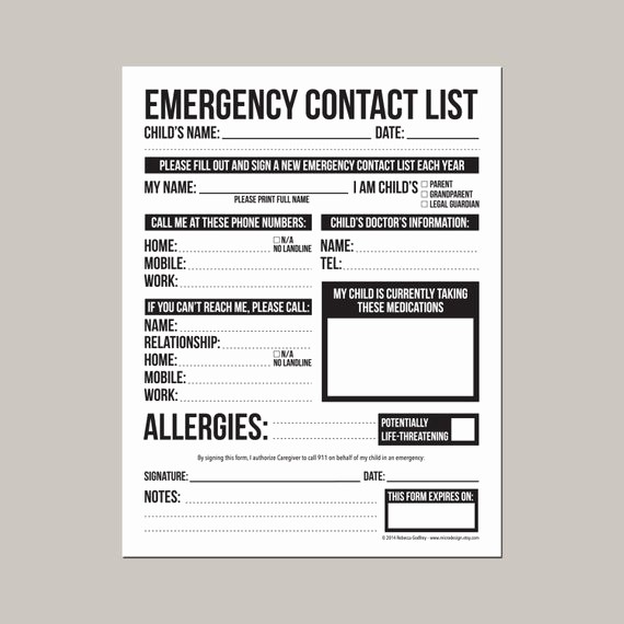 Emergency Contact Sheet for Nanny Awesome Emergency Contact form for Nanny Babysitter or Daycare