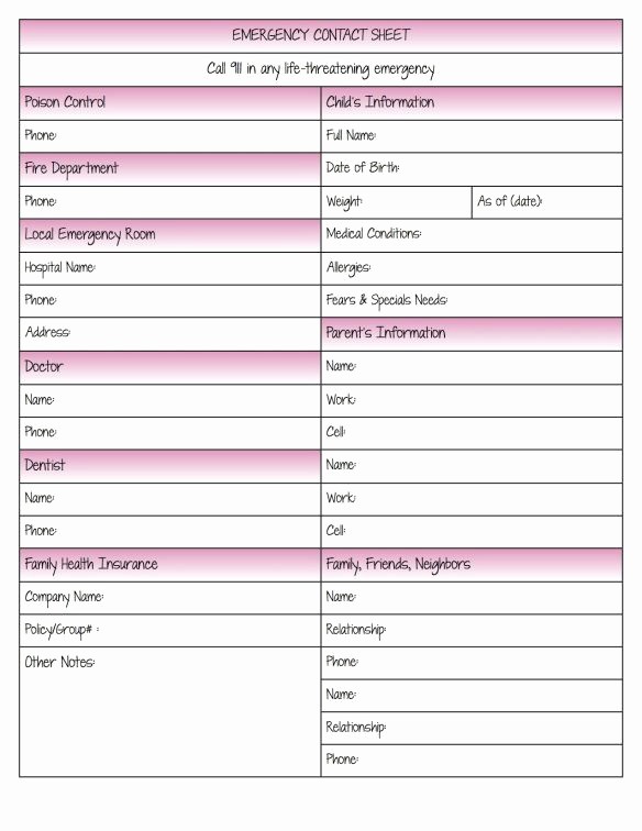 Emergency Contact Sheet for Nanny Luxury Emergency Contact form and Daily Schedule for Nanny